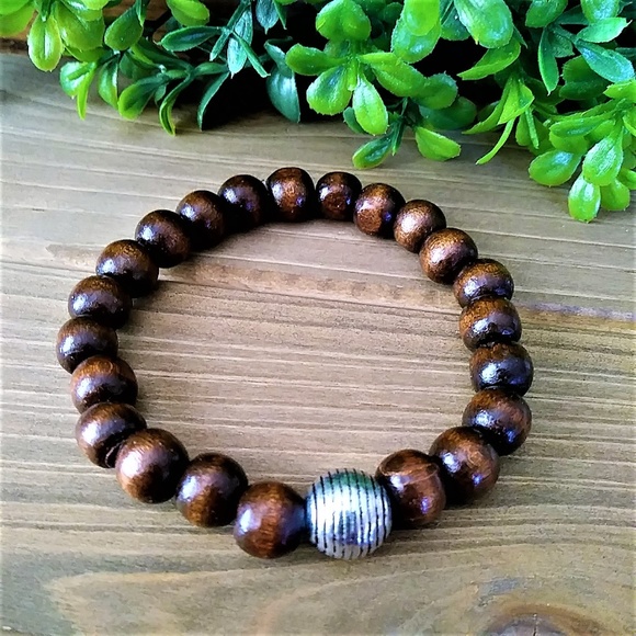 New Mens Wood Beaded Bracelet with Silver Accent - Picture 6 of 6